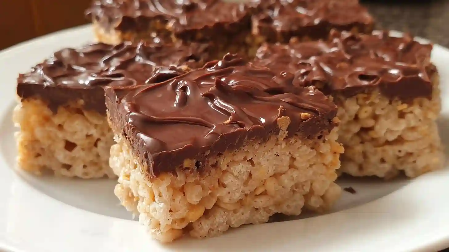 Stack of Chocolate Peanut Butter Rice Krispie Treats showing layers of chocolate topping and crispy marshmallow base