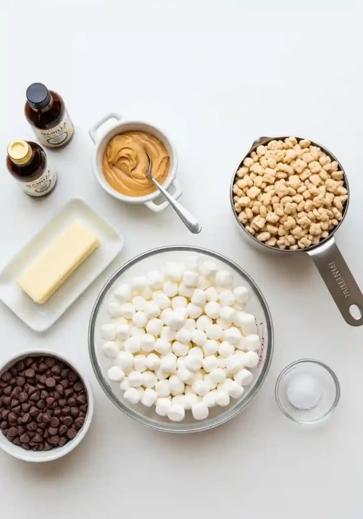 All ingredients for Chocolate Peanut Butter Rice Krispie Treats including butter, marshmallows, peanut butter, rice krispies, chocolate chips, and oil