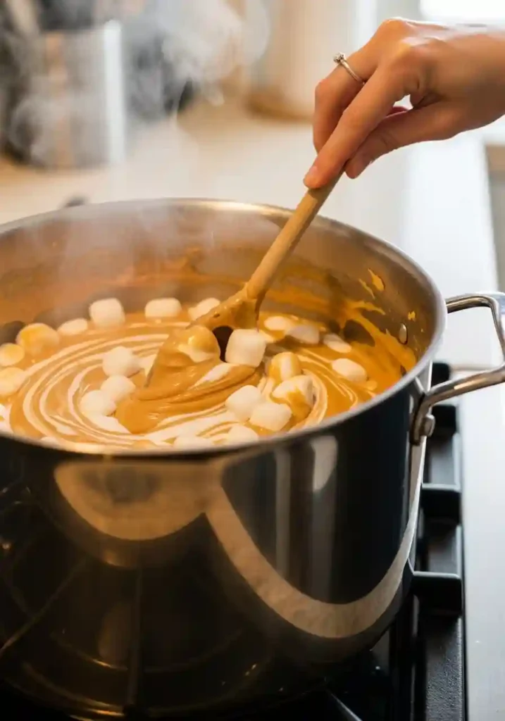 Stirring melted marshmallows, peanut butter, and butter in a pot to make Chocolate Peanut Butter Rice Krispie Treats base