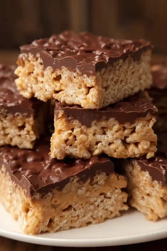 Knife cutting through Chocolate Peanut Butter Rice Krispie Treats in pan showing chocolate layer and crispy base
