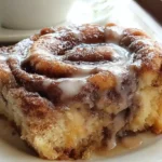 Cinnamon roll coffee cake sliced showing cinnamon swirls with creamy icing dripping down the sides served with coffee
