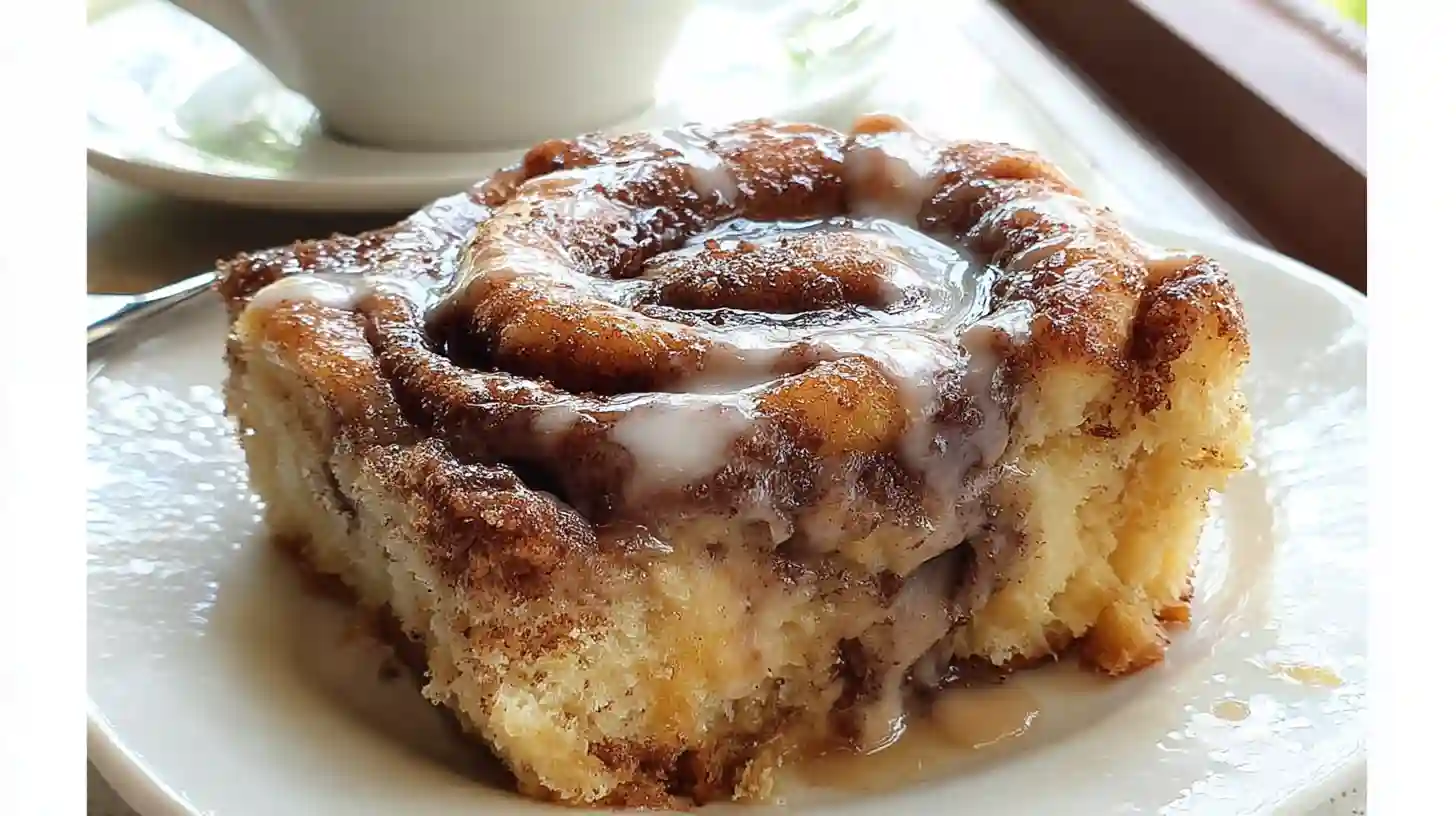 Cinnamon roll coffee cake sliced showing cinnamon swirls with creamy icing dripping down the sides served with coffee
