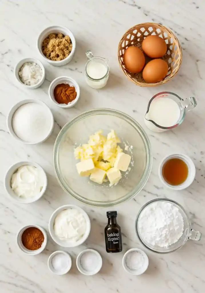 Cinnamon roll coffee cake ingredients arranged in bowls including butter, sugar, cinnamon, eggs, milk, and flour on marble countertop