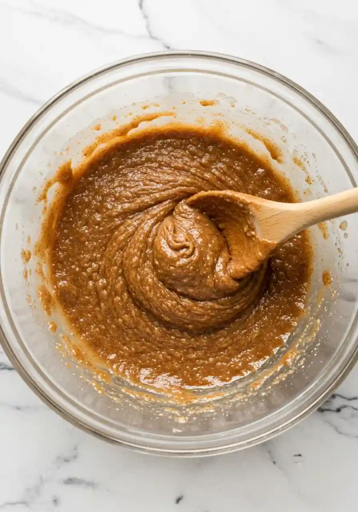 Close-up of cinnamon-sugar filling mixture in glass bowl showing melted butter, brown sugar, and ground cinnamon combined into paste