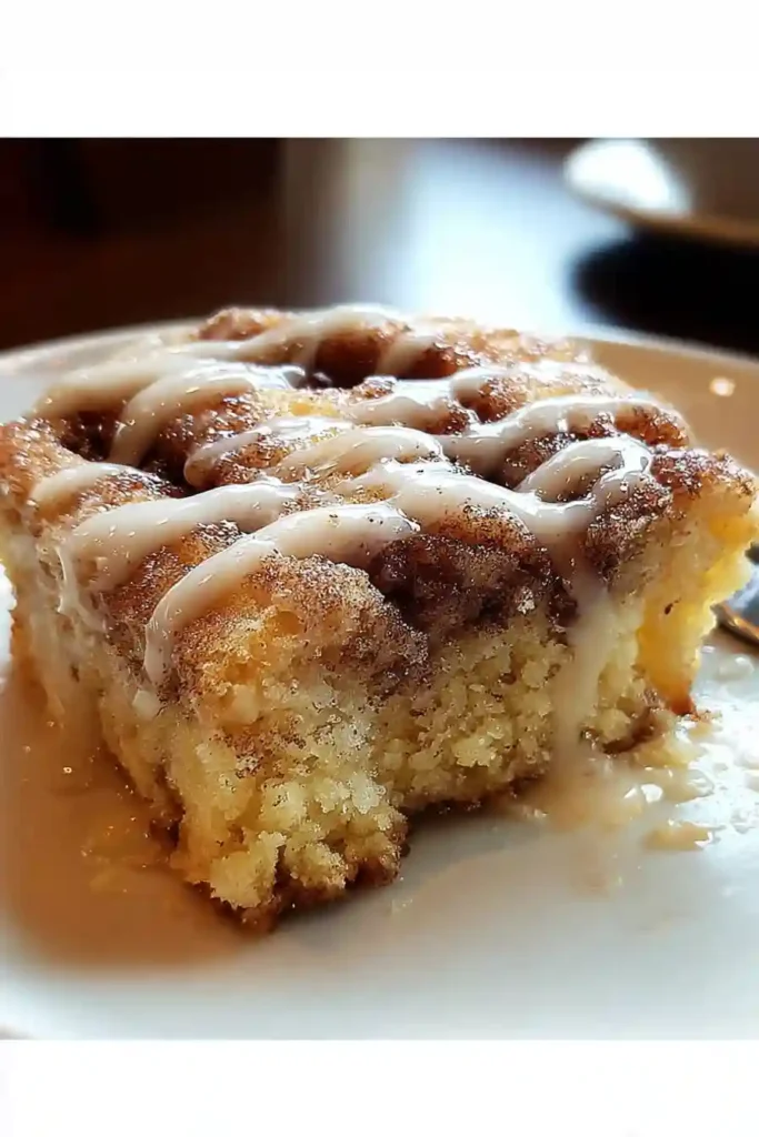 Warm creamy icing being poured from measuring cup over freshly baked cinnamon roll coffee cake in baking pan creating glossy glaze