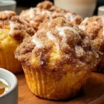 Coffee cake muffins with cinnamon crumb topping on rustic wooden board next to coffee cup