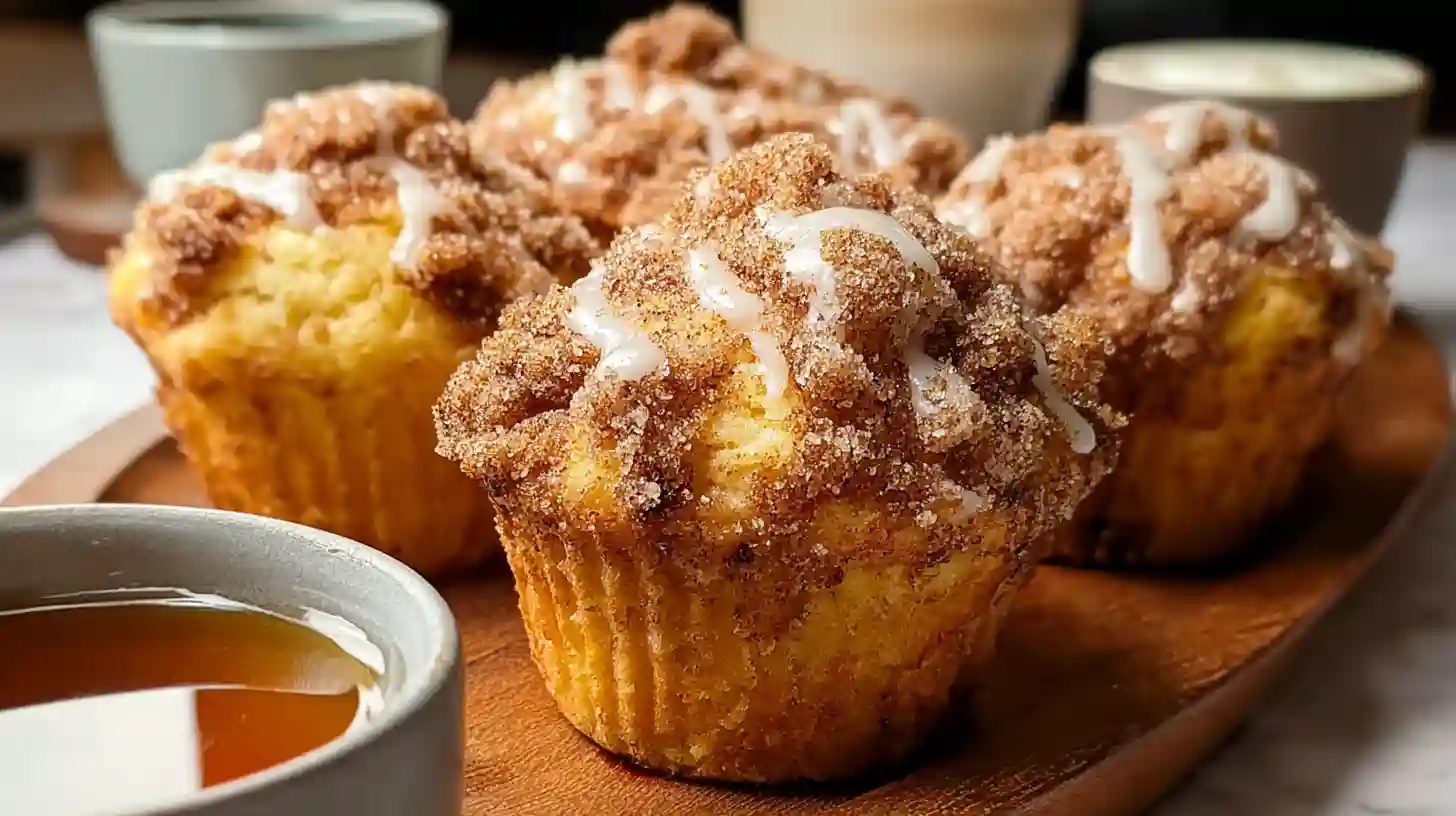 Coffee cake muffins with cinnamon crumb topping on rustic wooden board next to coffee cup