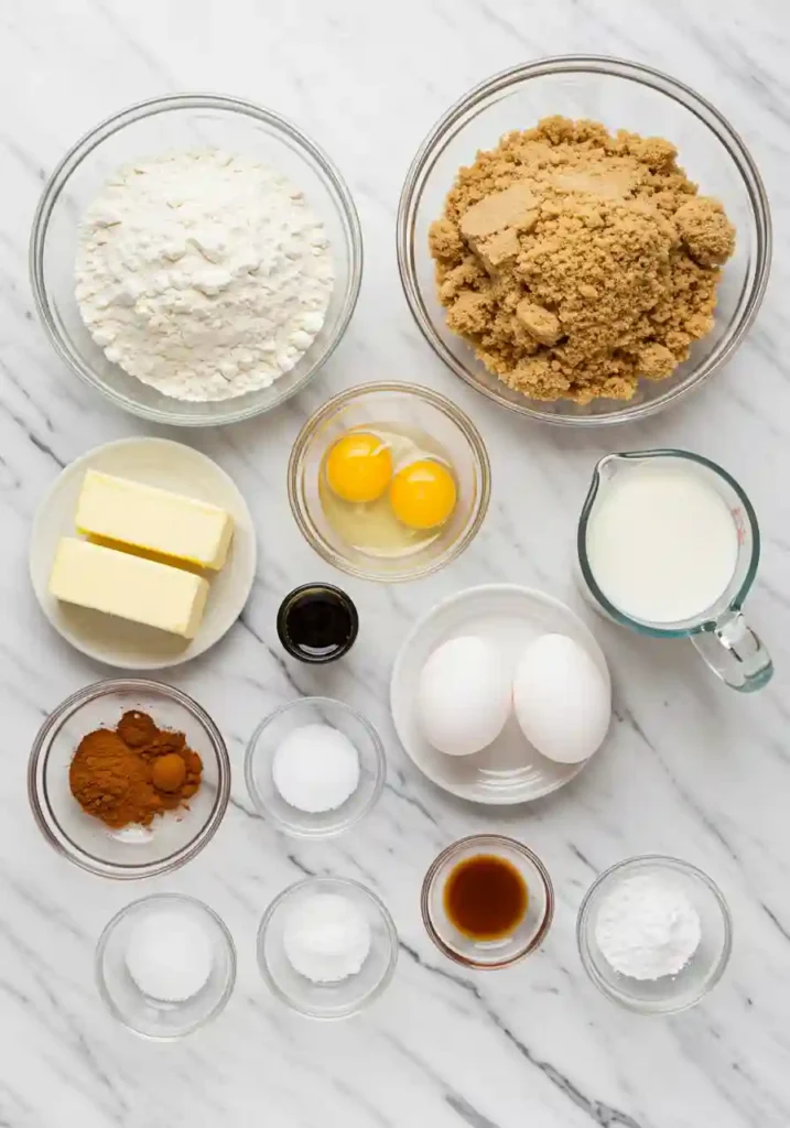 All ingredients for coffee cake muffins including flour, butter, eggs, sugar, milk, and cinnamon arranged on counter