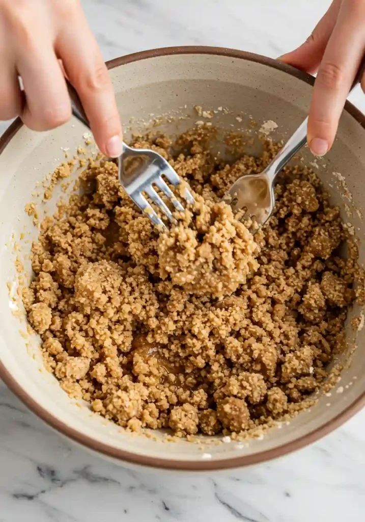 Mixing streusel topping with fork in bowl showing crumbly cinnamon butter mixture