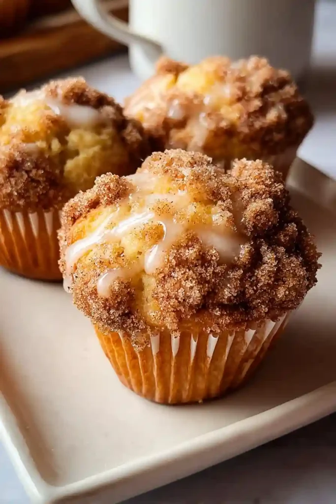 Golden brown coffee cake muffins cooling on wire rack with visible steam and crispy streusel