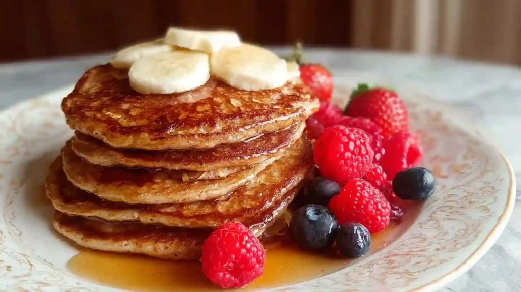 Stack of fluffy cottage cheese oatmeal pancakes drizzled with maple syrup, topped with butter and surrounded by fresh blueberries and raspberries