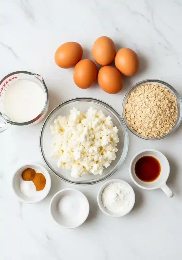 Overhead view of cottage cheese oatmeal pancake ingredients including cottage cheese in bowl, rolled oats, eggs, milk, cinnamon, baking powder, and vanilla extract on white surface