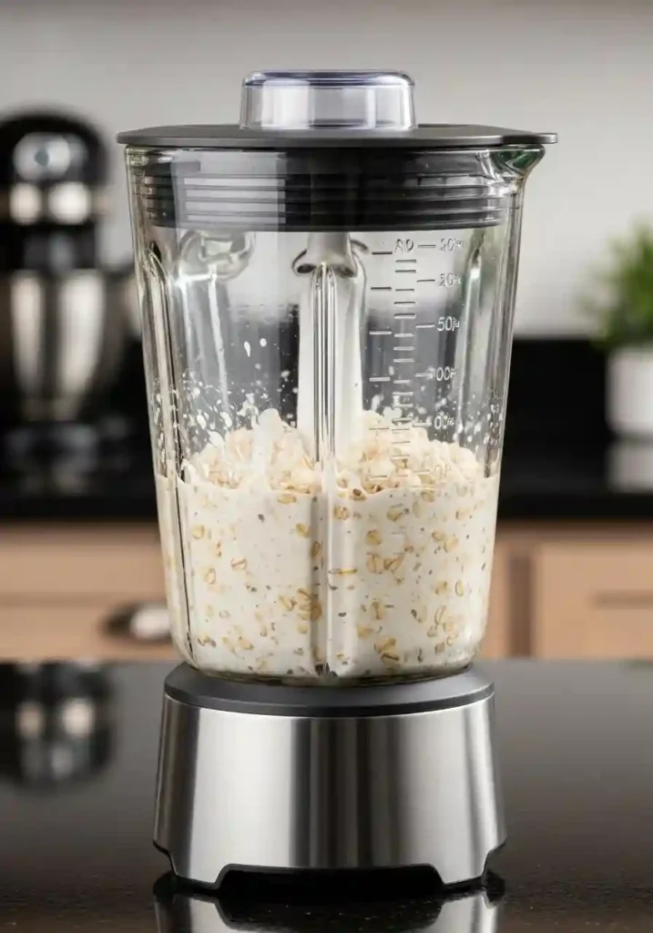Blender filled with cottage cheese, oats, eggs, and other ingredients creating smooth pancake batter for cottage cheese oatmeal pancakes