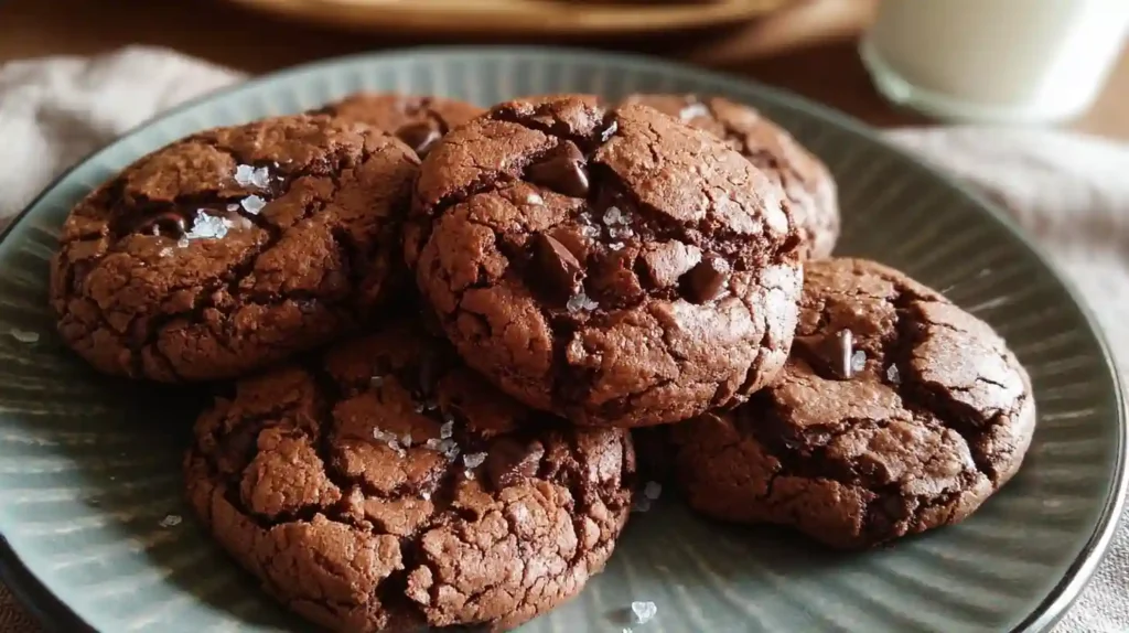 Double chocolate chip cookies with gooey chocolate chunks and crispy edges on cooling rack
