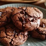 Double chocolate chip cookies with gooey chocolate chunks and crispy edges on cooling rack