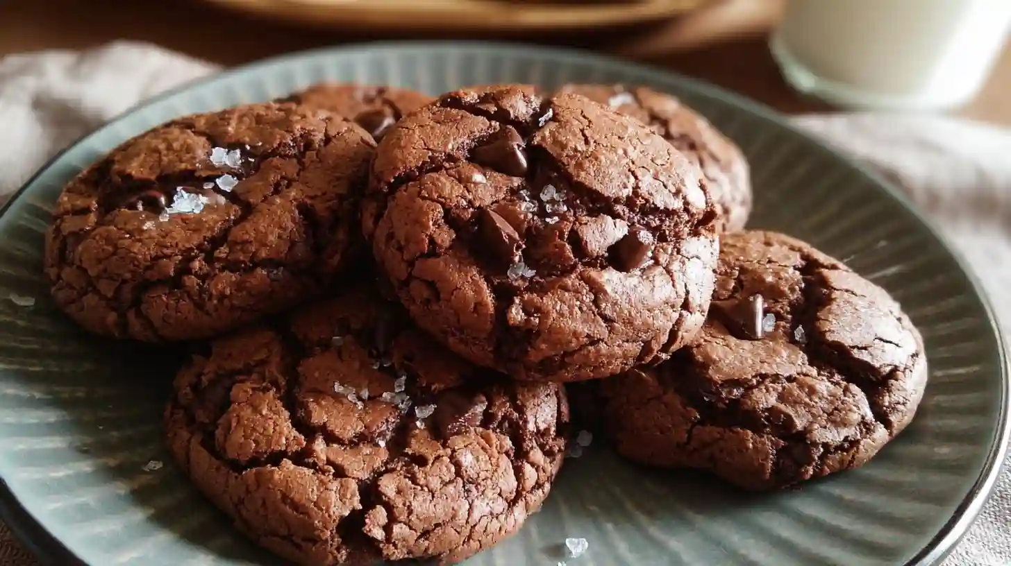 Double chocolate chip cookies with gooey chocolate chunks and crispy edges on cooling rack