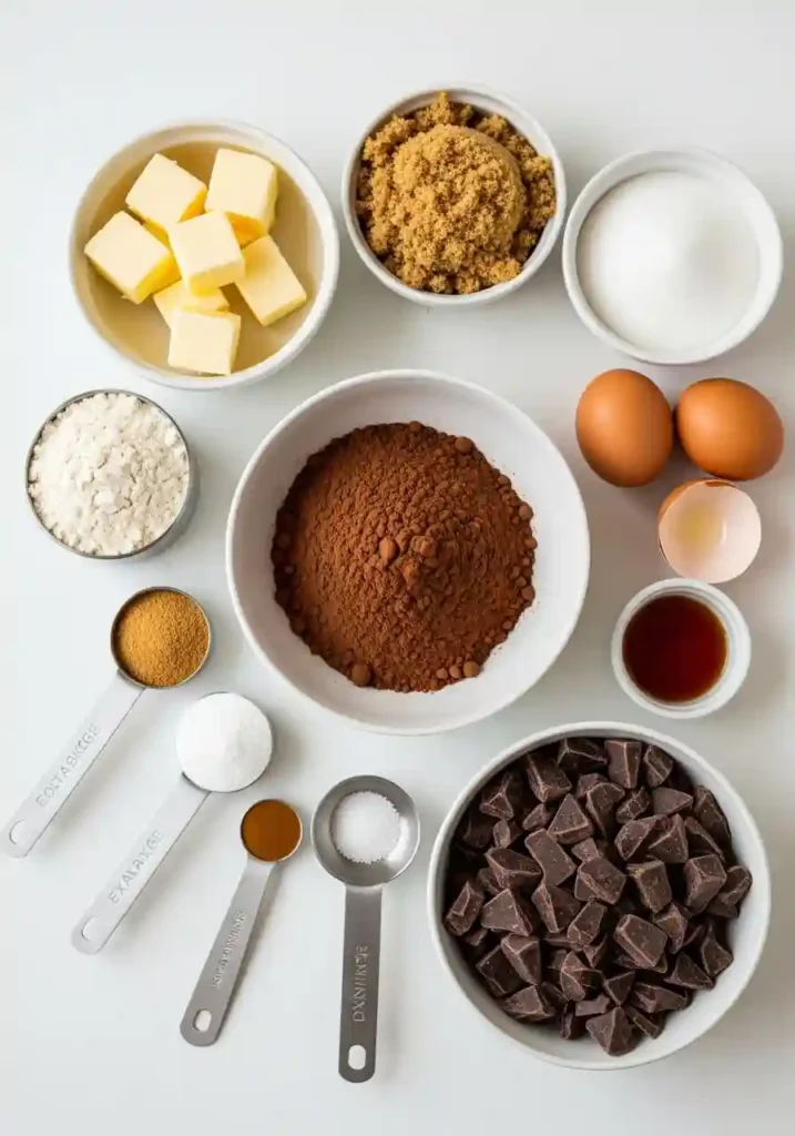 All ingredients for double chocolate chip cookies including butter, sugars, eggs, cocoa powder, flour, and chocolate chunks