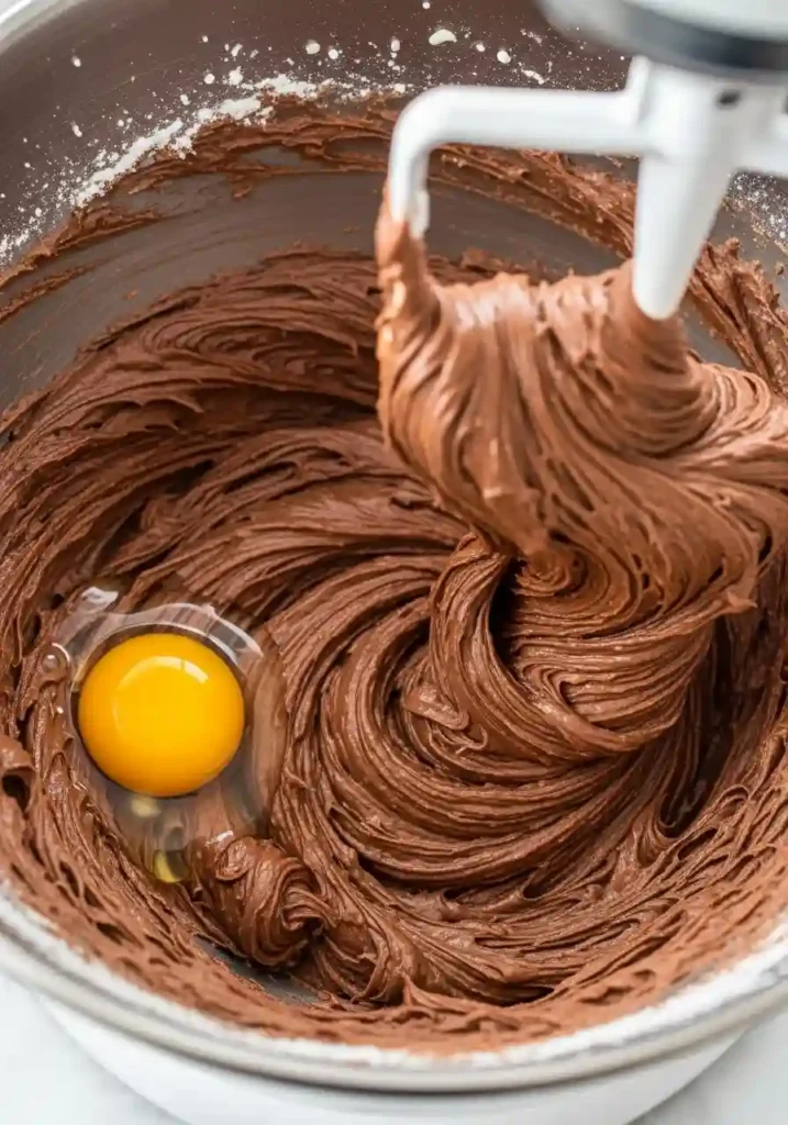 Chocolate cookie dough in mixing bowl showing cocoa powder being incorporated with wet ingredients