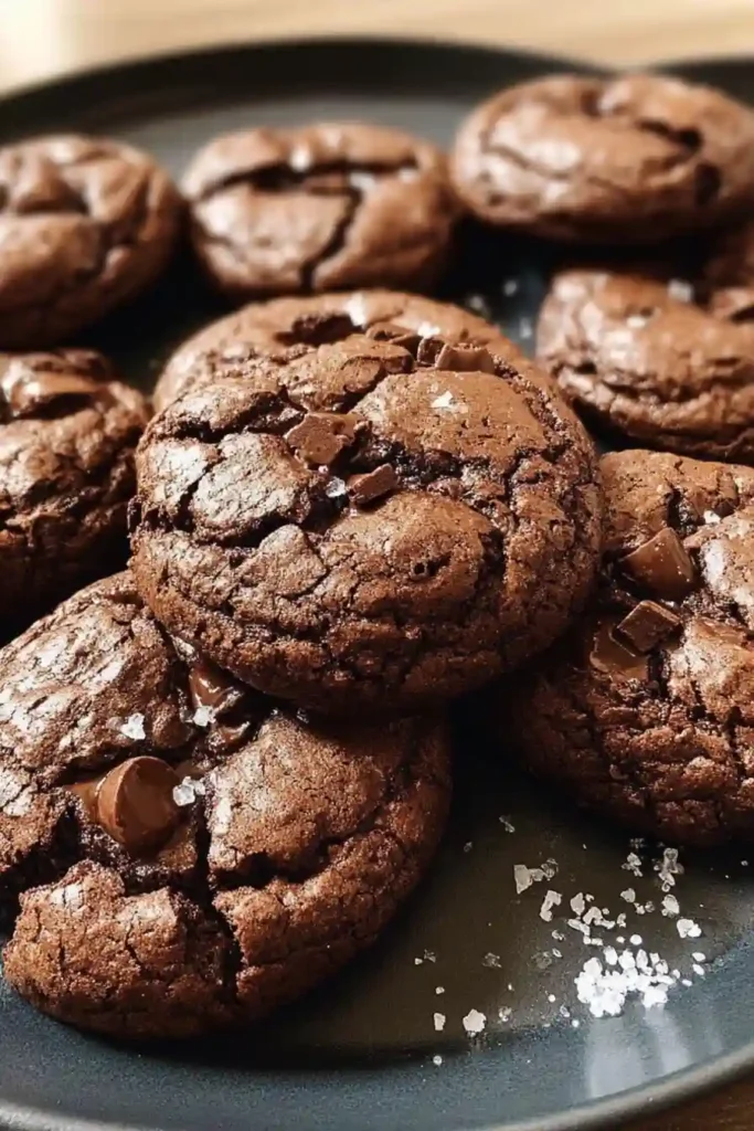 Freshly baked double chocolate chip cookies cooling on baking sheet and wire rack with visible steam