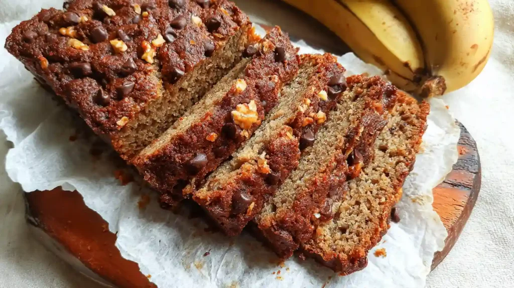 Sliced gluten free banana bread on wooden board showing moist texture with walnuts