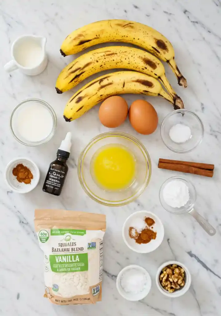 All ingredients for gluten free banana bread including ripe bananas, flour, eggs, and coconut oil on marble surface
