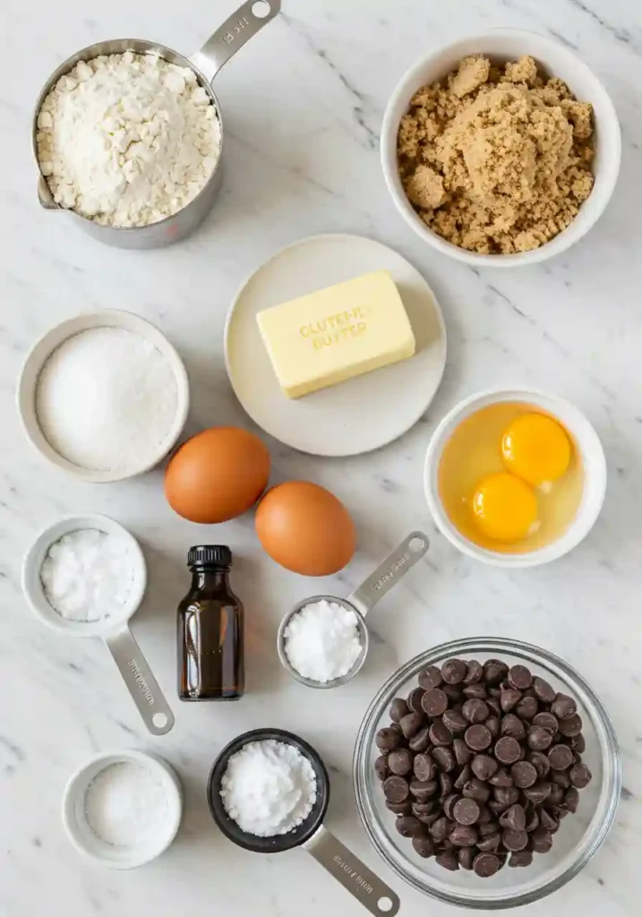 All Ingredients for Dairy Free Gluten Free Chocolate Chip Cookies Organized Flat-Lay