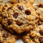 Soft and chewy oatmeal chocolate chip cookies with golden edges and melted chocolate chips on parchment paper