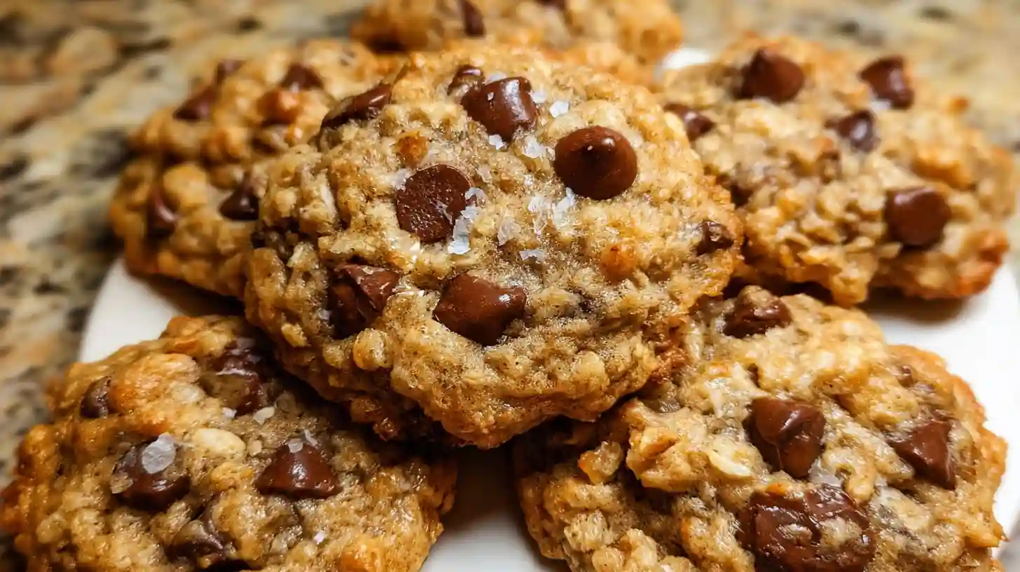 Soft and chewy oatmeal chocolate chip cookies with golden edges and melted chocolate chips on parchment paper