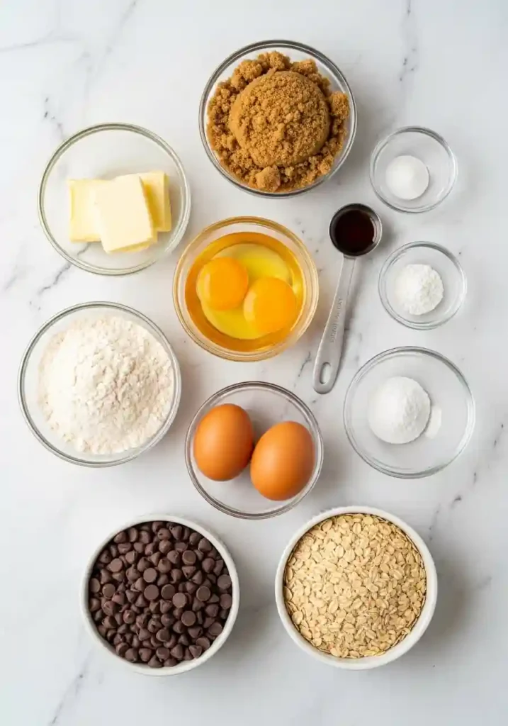 All ingredients needed for oatmeal chocolate chip cookies including butter, brown sugar, eggs, flour, oats, and chocolate chips