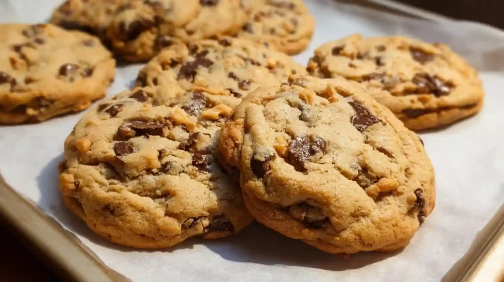 Stack of soft peanut butter chocolate chip cookies with melted chocolate chips on white plate