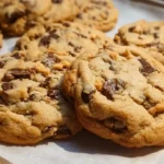 Stack of soft peanut butter chocolate chip cookies with melted chocolate chips on white plate