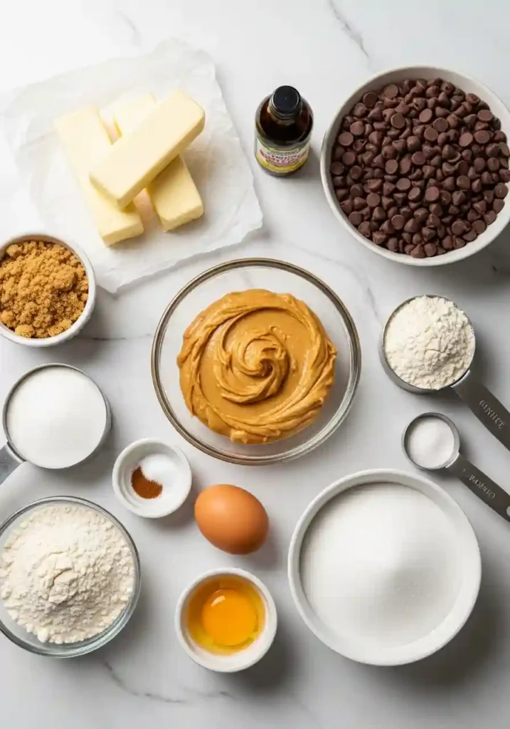 All ingredients for peanut butter chocolate chip cookies including flour, butter, peanut butter, sugars, egg, and chocolate chips