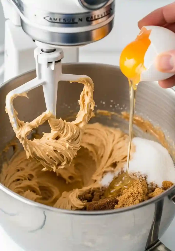 Mixing egg and vanilla extract into creamed butter and peanut butter mixture for chocolate chip cookies