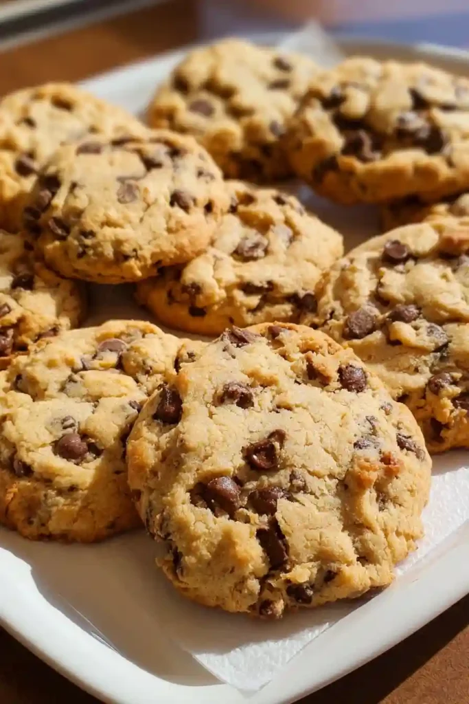 Freshly baked peanut butter chocolate chip cookies cooling on wire rack with visible melted chocolate
