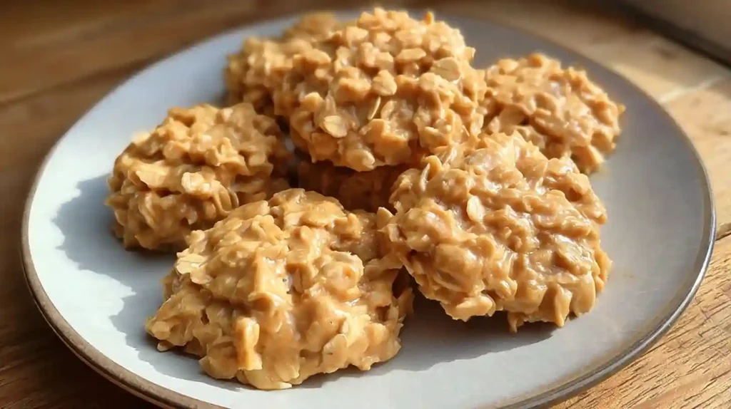 Peanut butter no bake cookies with oats on wooden board with glass of milk