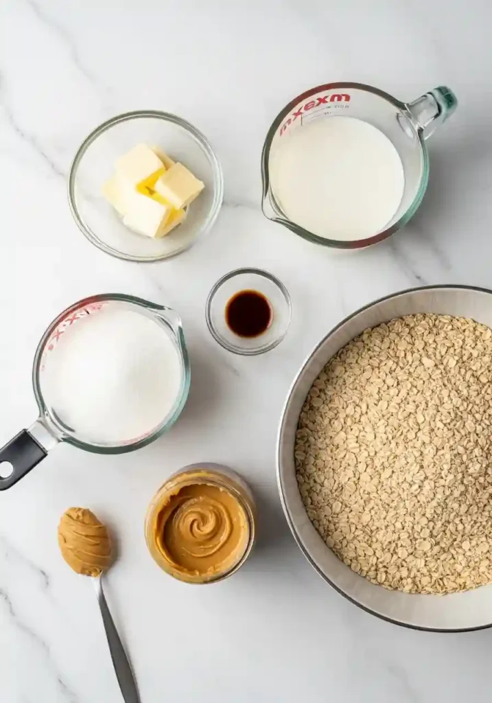 Six ingredients for peanut butter no bake cookies including sugar, butter, milk, vanilla, peanut butter, and quick oats