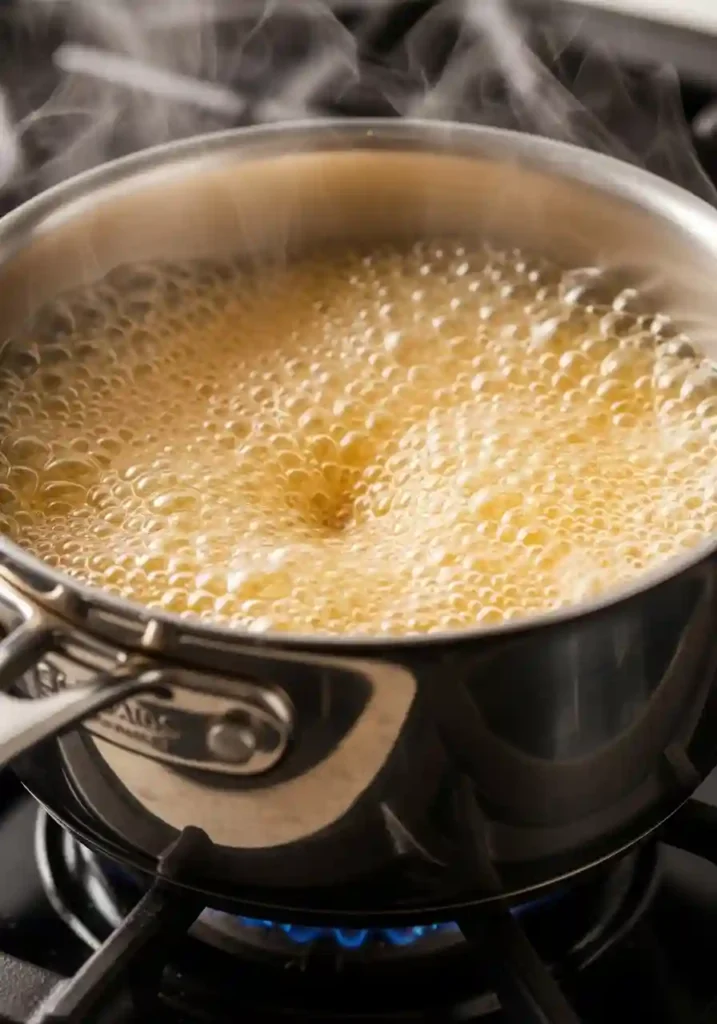 Sugar, butter, and milk boiling in saucepan for one minute to make peanut butter no bake cookies