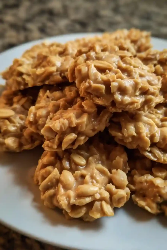 Spooning peanut butter oat mixture onto parchment paper to form no bake cookies