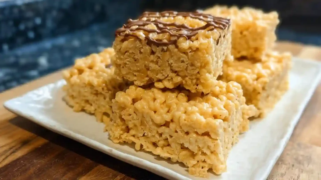 Stacked peanut butter rice krispie treats with chocolate drizzle on white plate