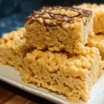 Stacked peanut butter rice krispie treats with chocolate drizzle on white plate