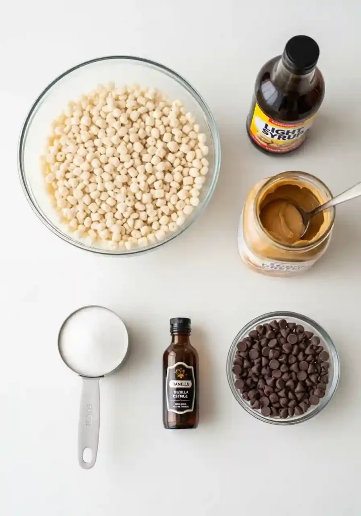 Rice krispies cereal, peanut butter, corn syrup, sugar, and vanilla extract arranged on white surface