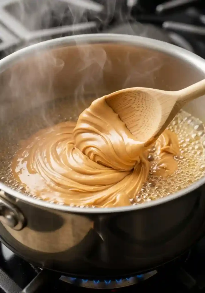 Stirring creamy peanut butter into hot sugar syrup in saucepan on stove