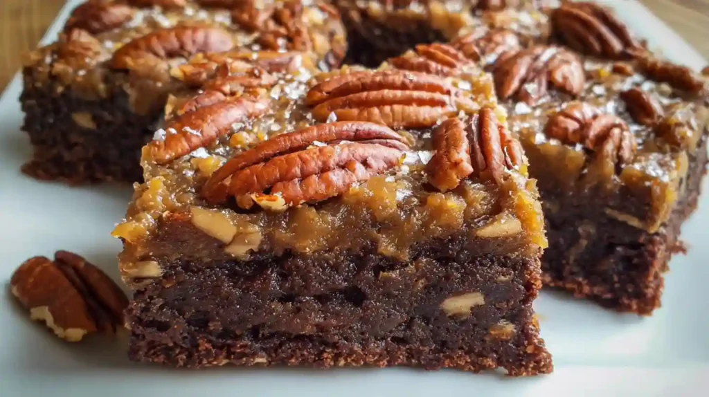 Pecan Pie Brownies with fudgy chocolate base and sticky pecan pie topping cut into squares