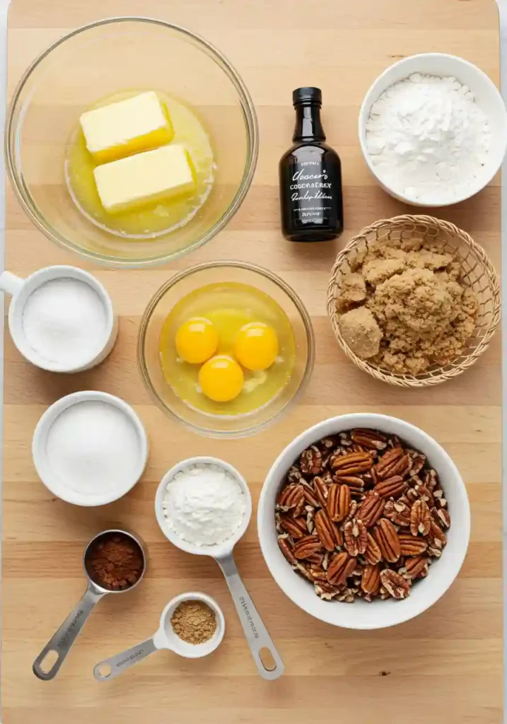 All ingredients needed to make Pecan Pie Brownies including butter, sugar, eggs, cocoa powder, flour, corn syrup, and pecans