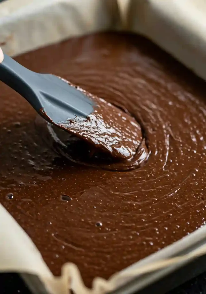 Thick chocolate brownie batter being spread evenly in parchment-lined baking pan with spatula