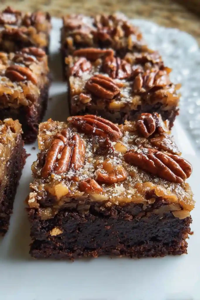 Freshly baked Pecan Pie Brownies with bubbling caramelized pecan topping straight from oven