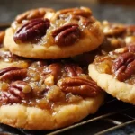 Homemade pecan pie cookies with gooey caramelized pecan filling on white plate