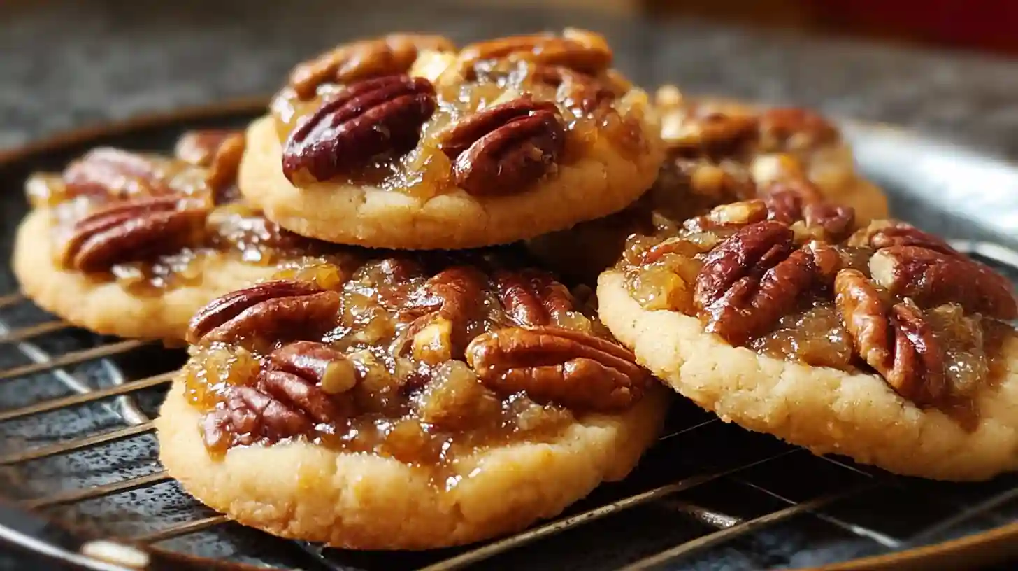 Homemade pecan pie cookies with gooey caramelized pecan filling on white plate