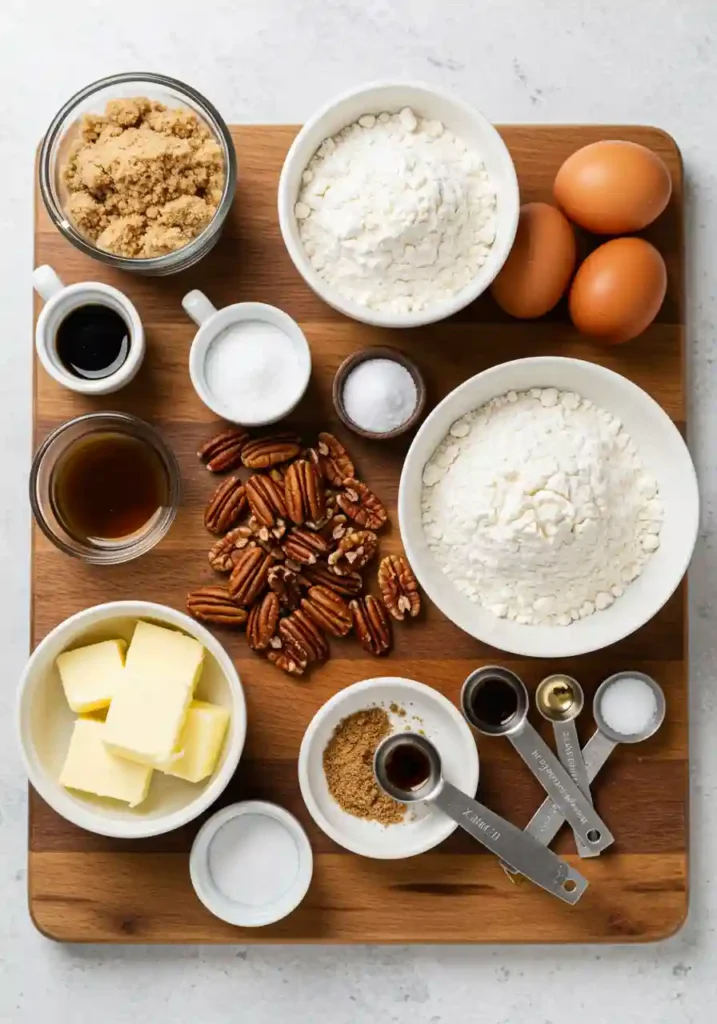 All ingredients for making pecan pie cookies including butter, sugar, flour, and toasted pecans