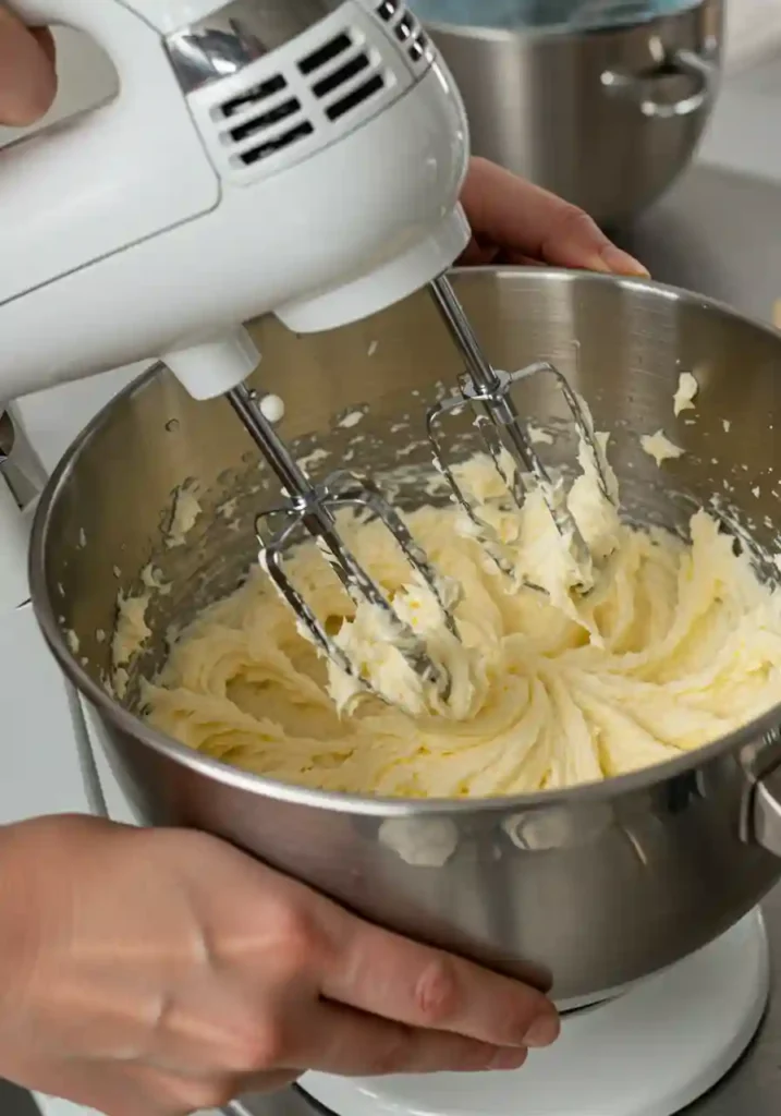 Creaming butter and sugar together in mixing bowl for pecan pie cookies
